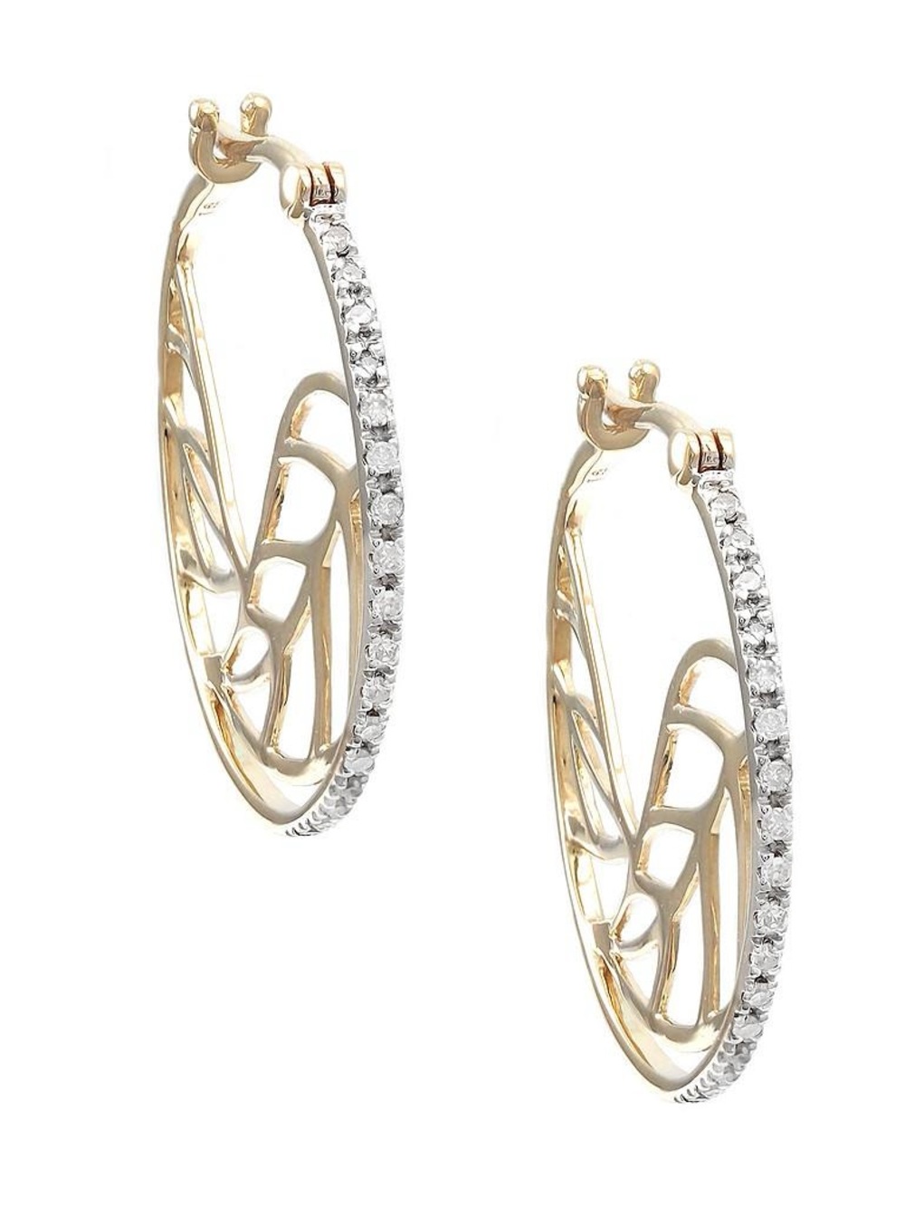 Solid Real Yellow Gold Single-Cut Diamond Earrings 20 mm Micro-Pave